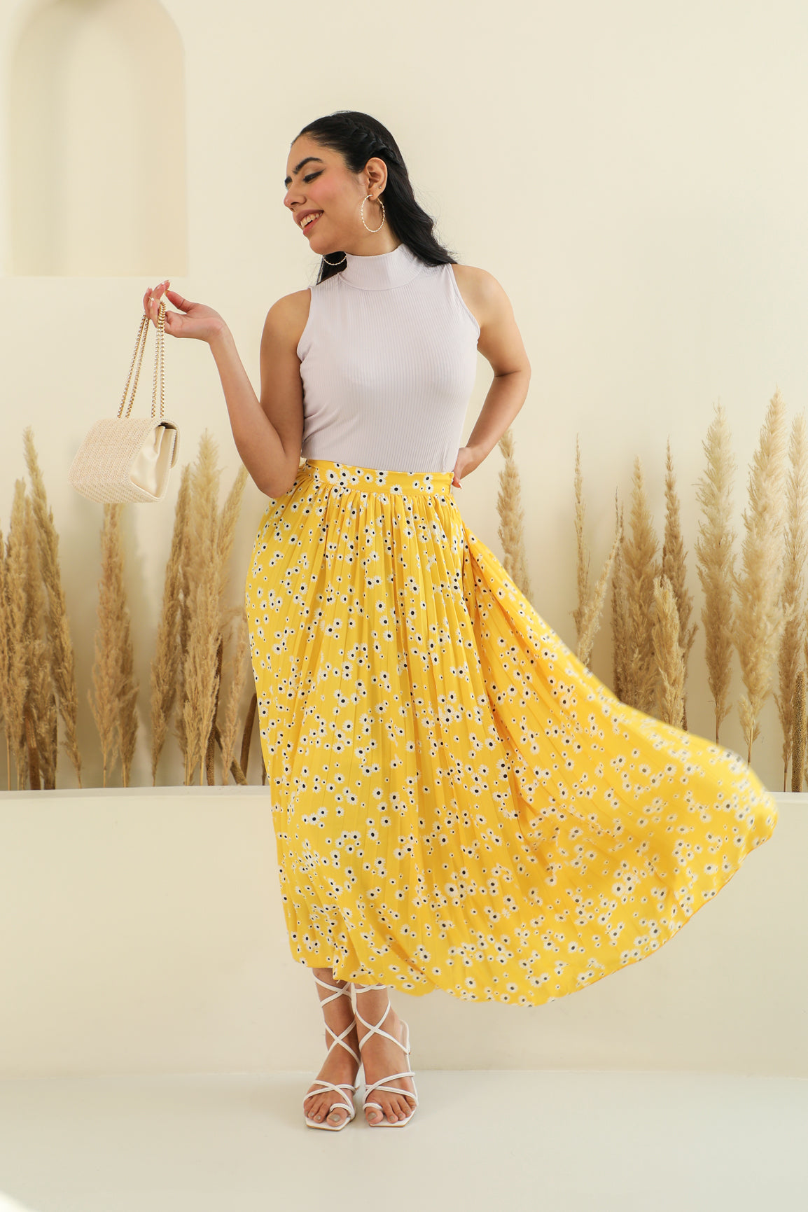 Floral co-ord set with yellow skirt and stylish top.