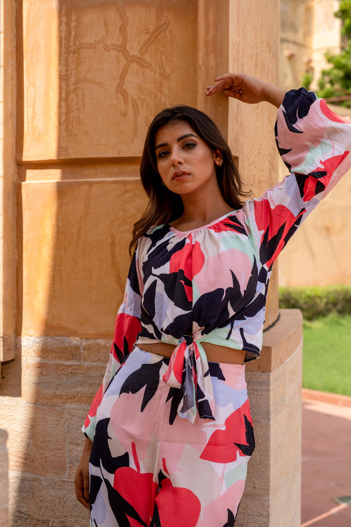 Mosaic co-ord set featuring colorful floral patterns and elegant design.