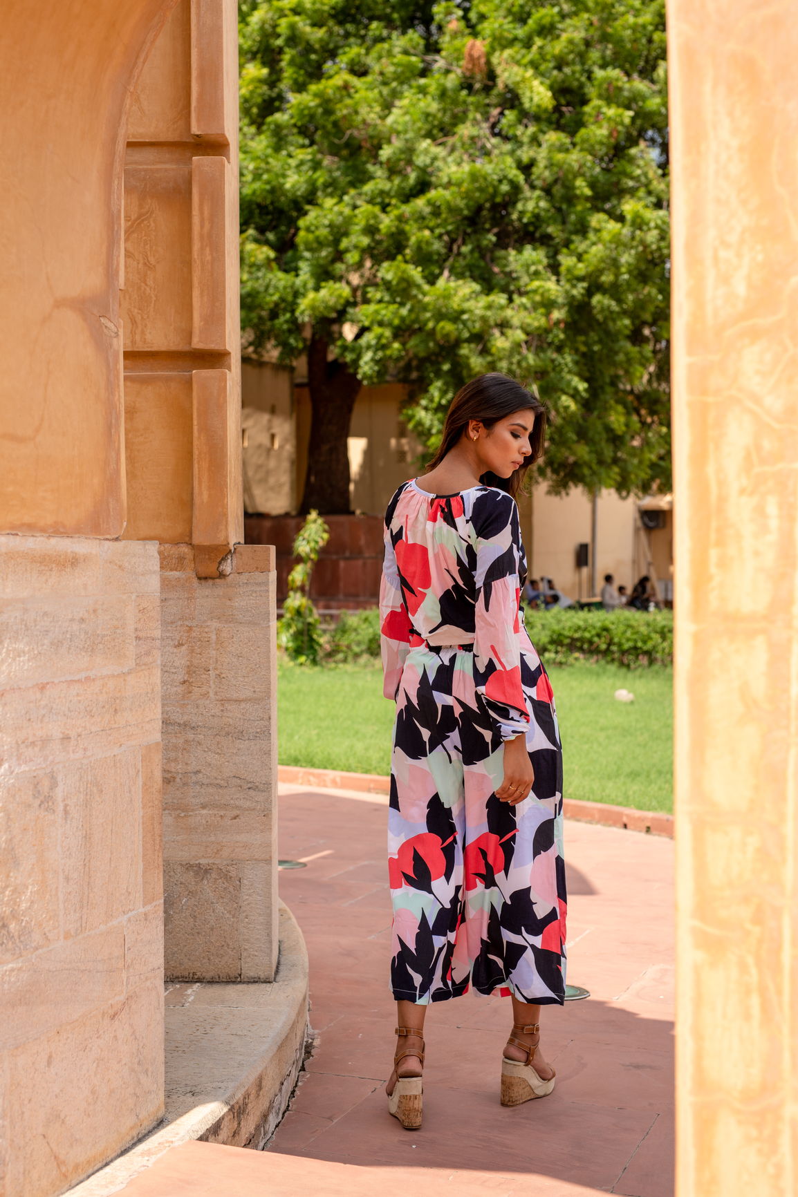 Model showcasing a MOSAIC CO-ORD SET in vibrant patterns.