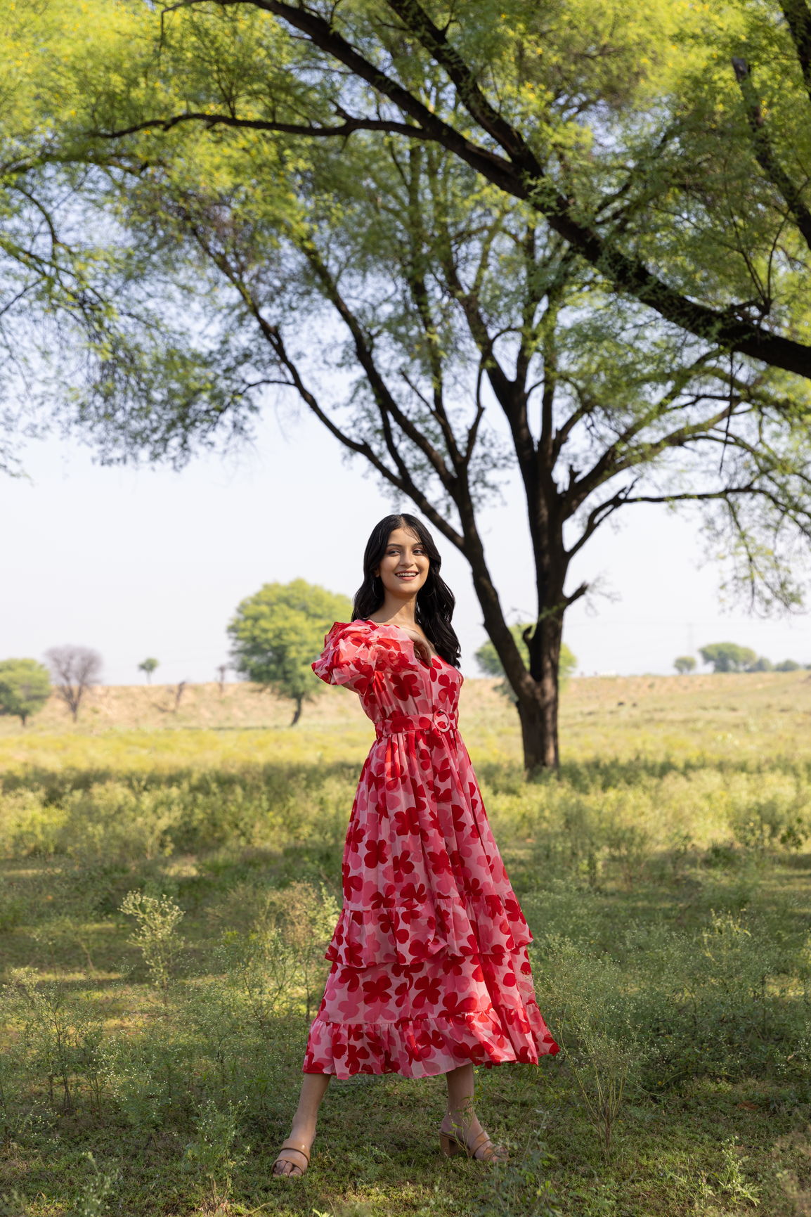 RUFFLE TIERED BELTED MAXI
