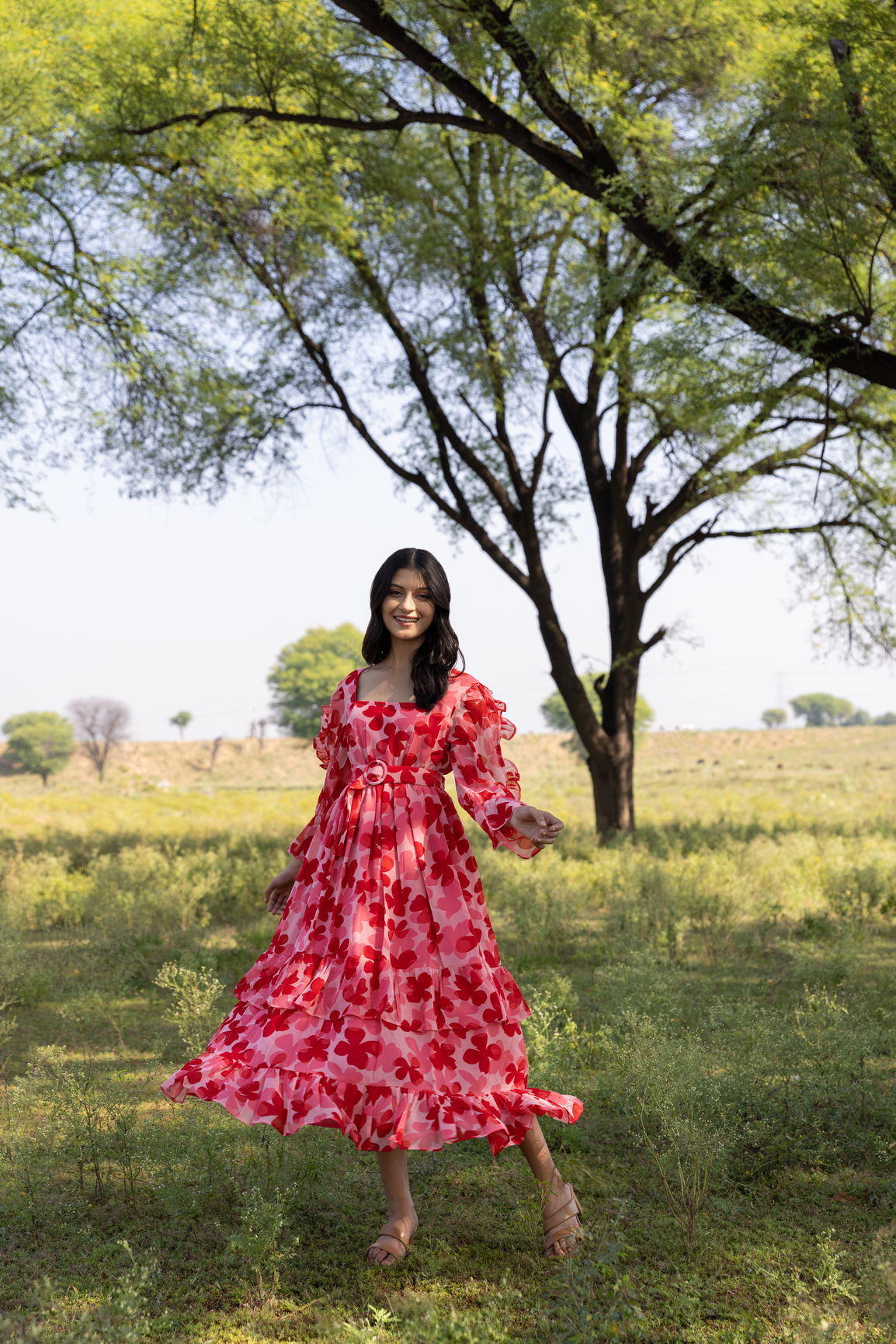 RUFFLE TIERED BELTED MAXI