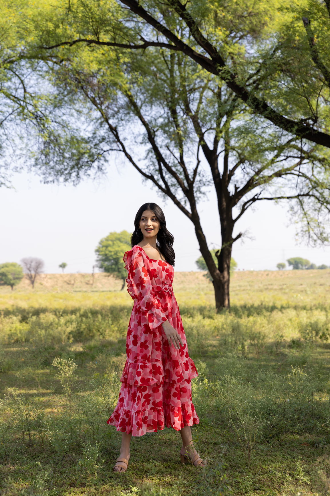 RUFFLE TIERED BELTED MAXI