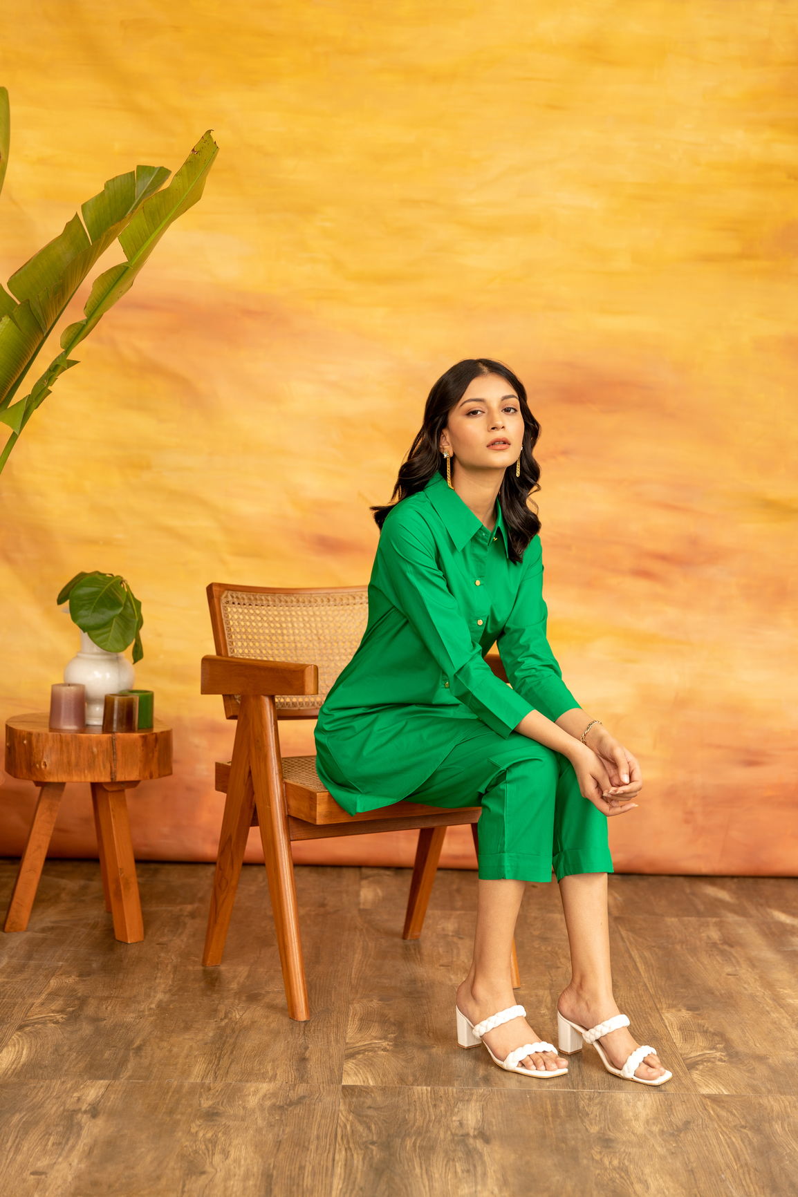 Model showcasing vibrant green Shamrock Co-Ord Set in stylish pose.