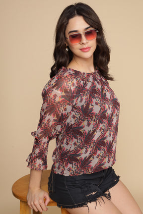 Stylish multi off-shoulder top with floral print and ruffled sleeves.