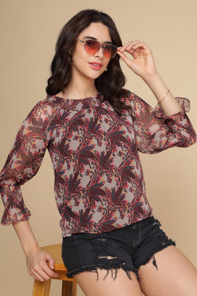 Stylish multi off-shoulder top with floral print and fluted sleeves.