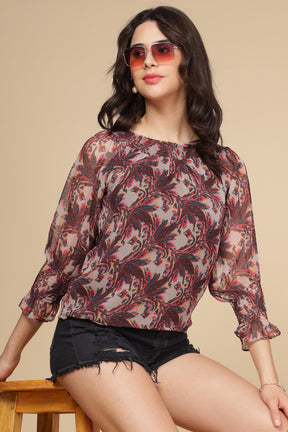 Multi off-shoulder top with floral design and stylish sleeves.