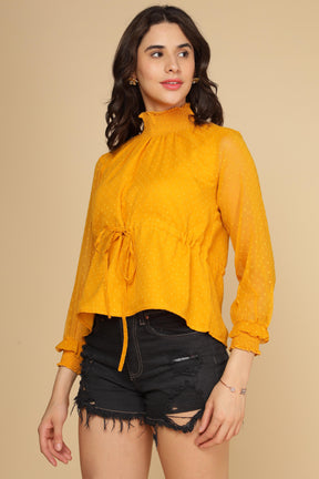 Bright yellow chiffon top with stylish tie detail and ruffled sleeves.