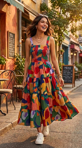 ABSTRACT TIERED SMOCKED MAXI