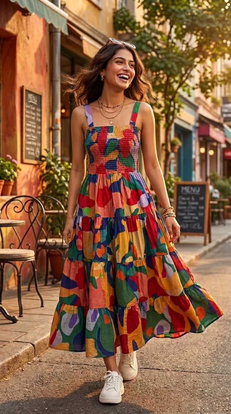 ABSTRACT TIERED SMOCKED MAXI