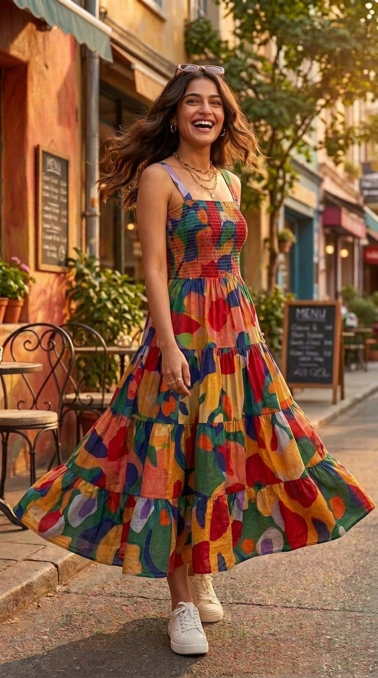 ABSTRACT TIERED SMOCKED MAXI