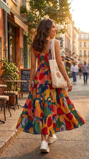 ABSTRACT TIERED SMOCKED MAXI
