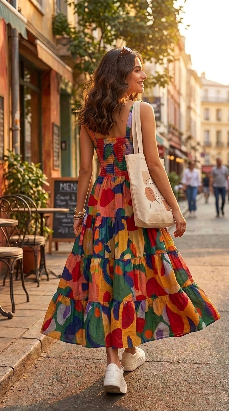 ABSTRACT TIERED SMOCKED MAXI
