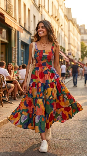 ABSTRACT TIERED SMOCKED MAXI