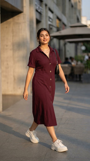 BURGUNDY MUSE BUTTON DRESS