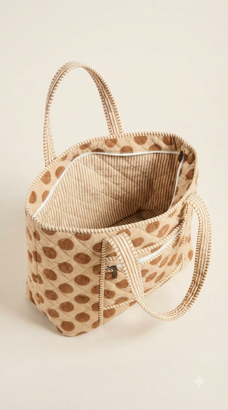 BEIGE POLKA DOT QUILTED TOTE BAG