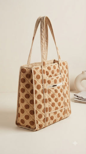 BEIGE POLKA DOT QUILTED TOTE BAG