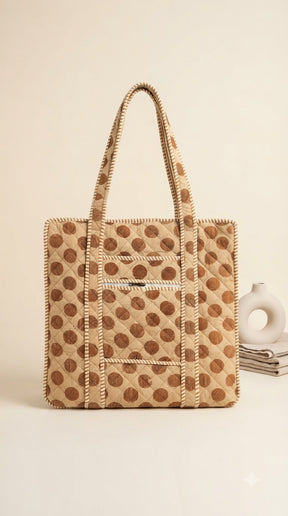 BEIGE POLKA DOT QUILTED TOTE BAG