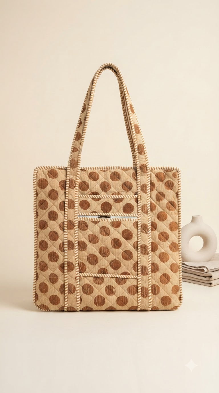 BEIGE POLKA DOT QUILTED TOTE BAG