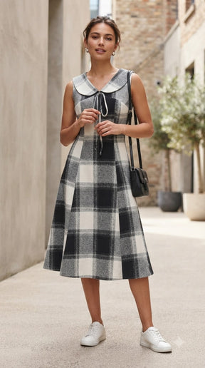 BLACK & WHITE FLANNEL PETER PAN COLLAR DRESS