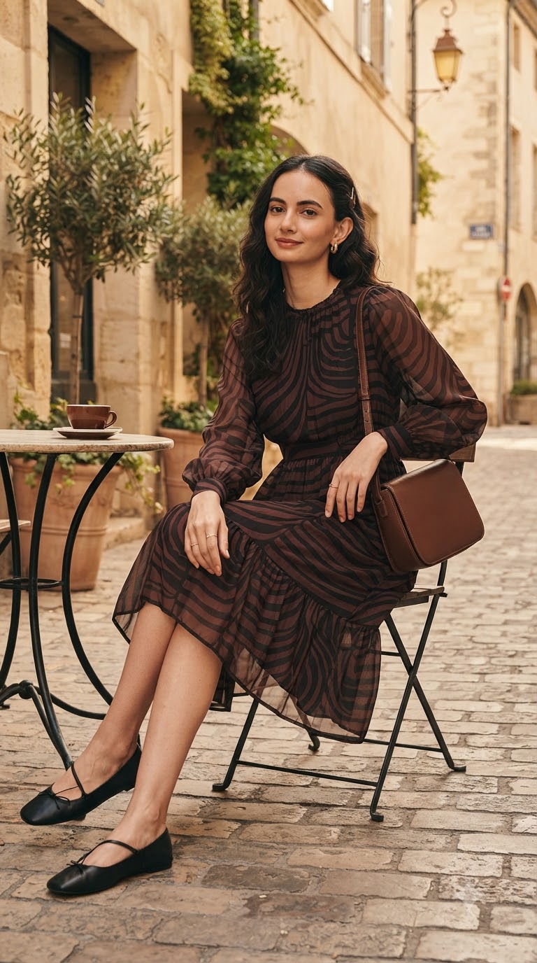 BROWN & BLACK ABSTRACT PRINT PUFF SLEEVE MAXI