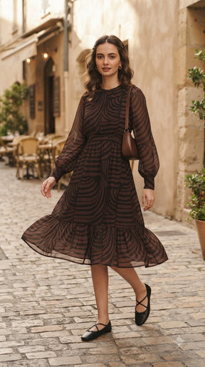 BROWN & BLACK ABSTRACT PRINT PUFF SLEEVE MAXI