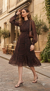 BROWN & BLACK ABSTRACT PRINT PUFF SLEEVE MAXI