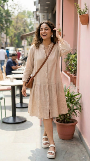 BEIGE COTTON DENIM MIDI