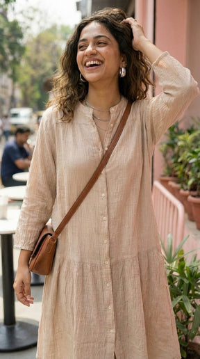 BEIGE COTTON DENIM MIDI