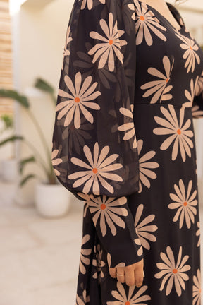 Black balloon sleeve dress with floral pattern, stylish and trendy.