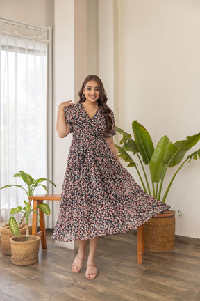 Black floral print nursing maxi dress for stylish mothers.