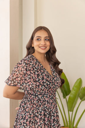 Black floral print nursing maxi dress for stylish mothers.