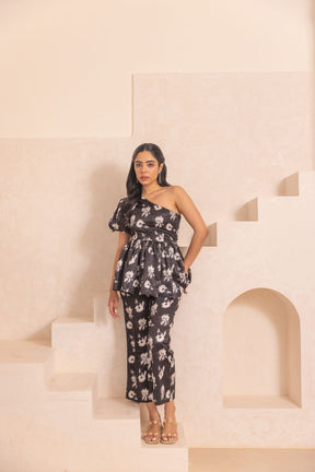 Elegant black floral satin co-ord with stylish one-shoulder top.