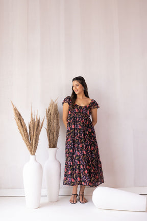 BLACK FLORAL TIERED MAXI