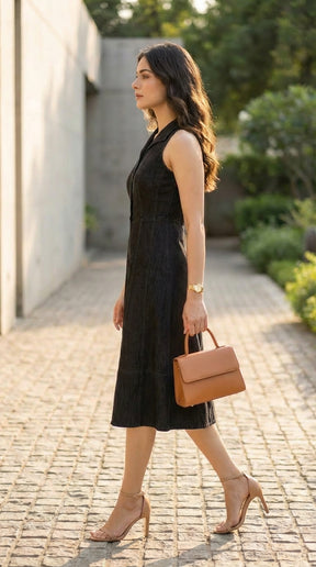 BLACK BUTTONED COTTON DENIM MAXI