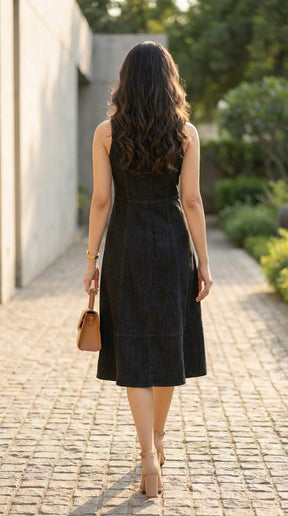 BLACK BUTTONED COTTON DENIM MAXI