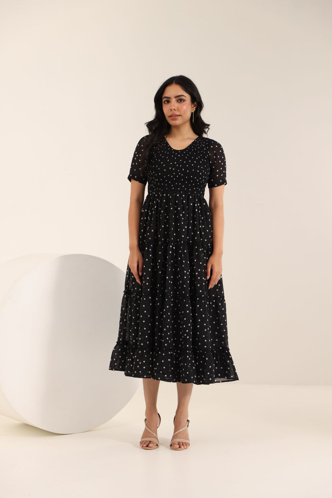 BLACK POLKA SMOCKED MAXI