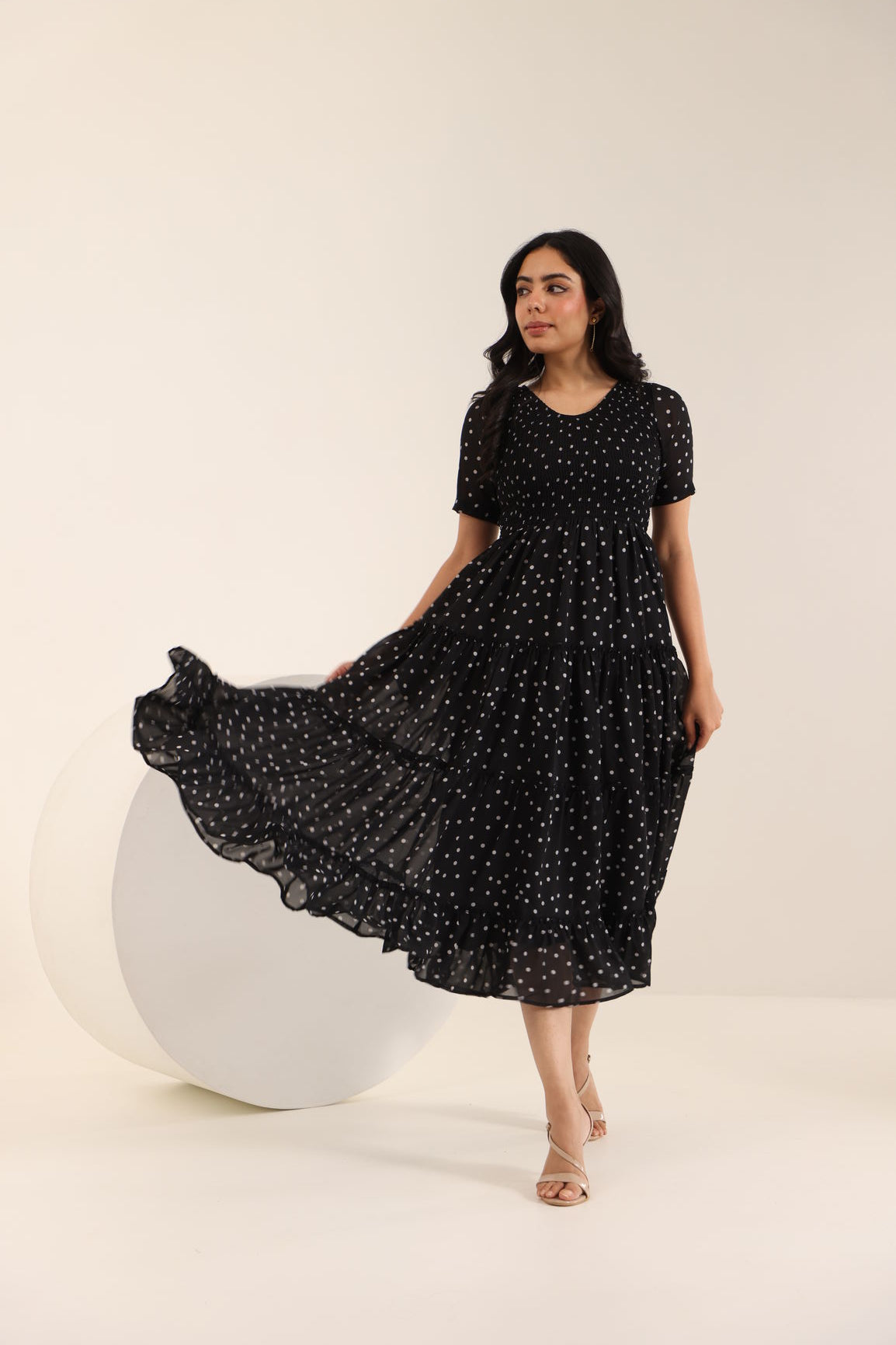 BLACK POLKA SMOCKED MAXI