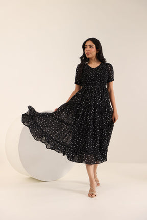 BLACK POLKA SMOCKED MAXI