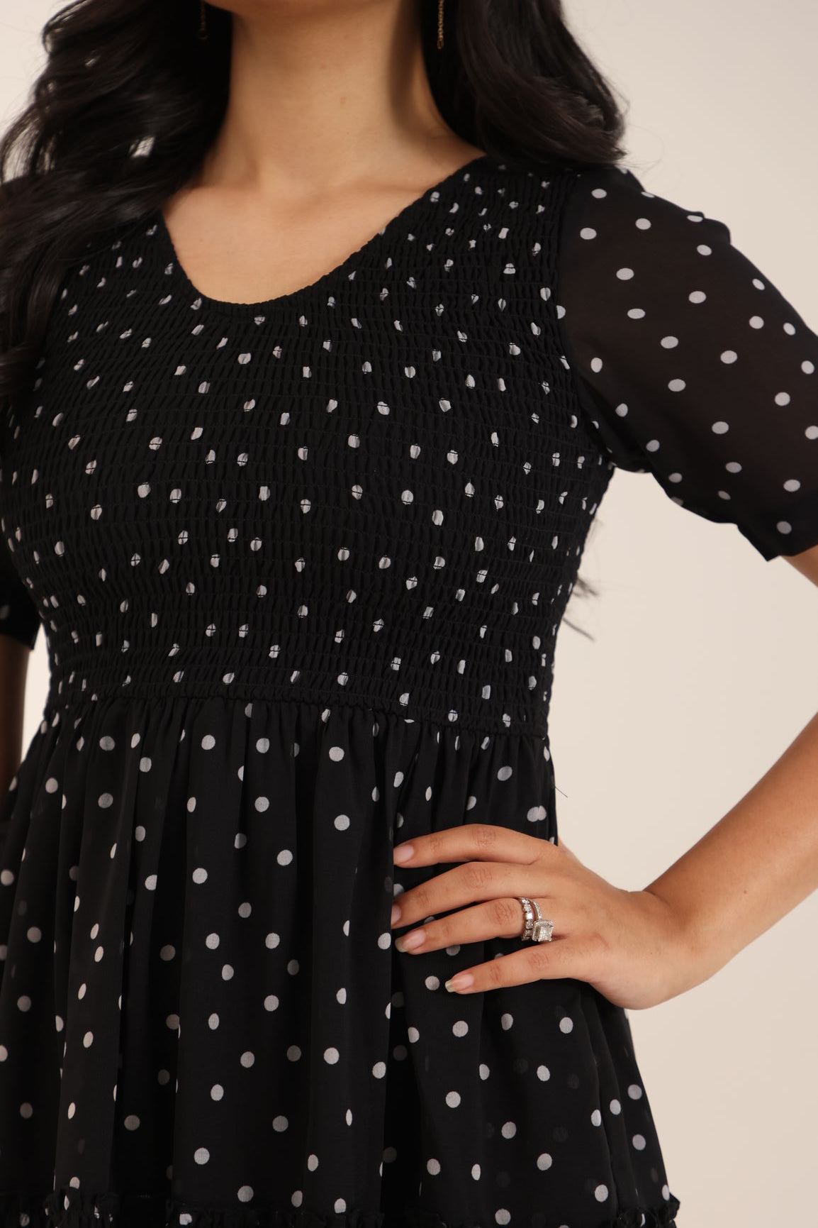 BLACK POLKA SMOCKED MAXI