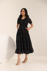 BLACK POLKA SMOCKED MAXI