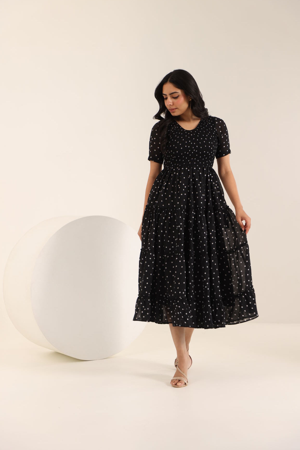 BLACK POLKA SMOCKED MAXI