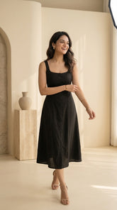 BLACK SLEEVELESS COTTON DENIM MAXI