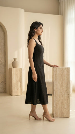 BLACK SLEEVELESS COTTON DENIM MAXI