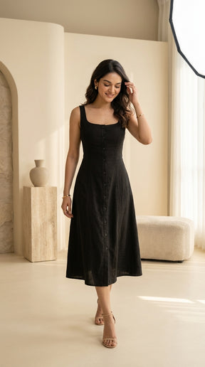 BLACK SLEEVELESS COTTON DENIM MAXI