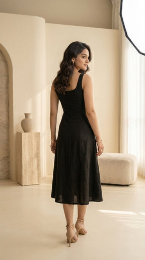 BLACK SLEEVELESS COTTON DENIM MAXI