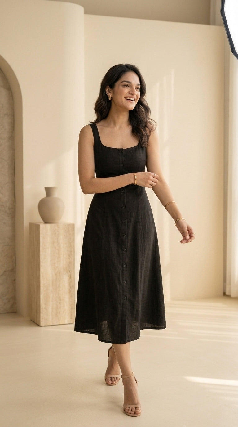 BLACK SLEEVELESS COTTON DENIM MAXI
