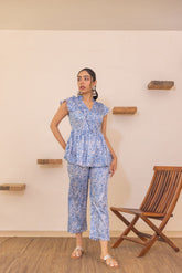 Blue floral satin co-ord set with flutter sleeves and stylish design.