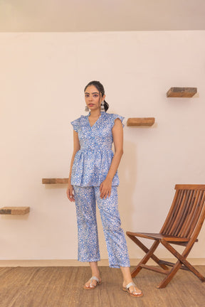 Blue floral satin co-ord set with stylish ruffled sleeves.