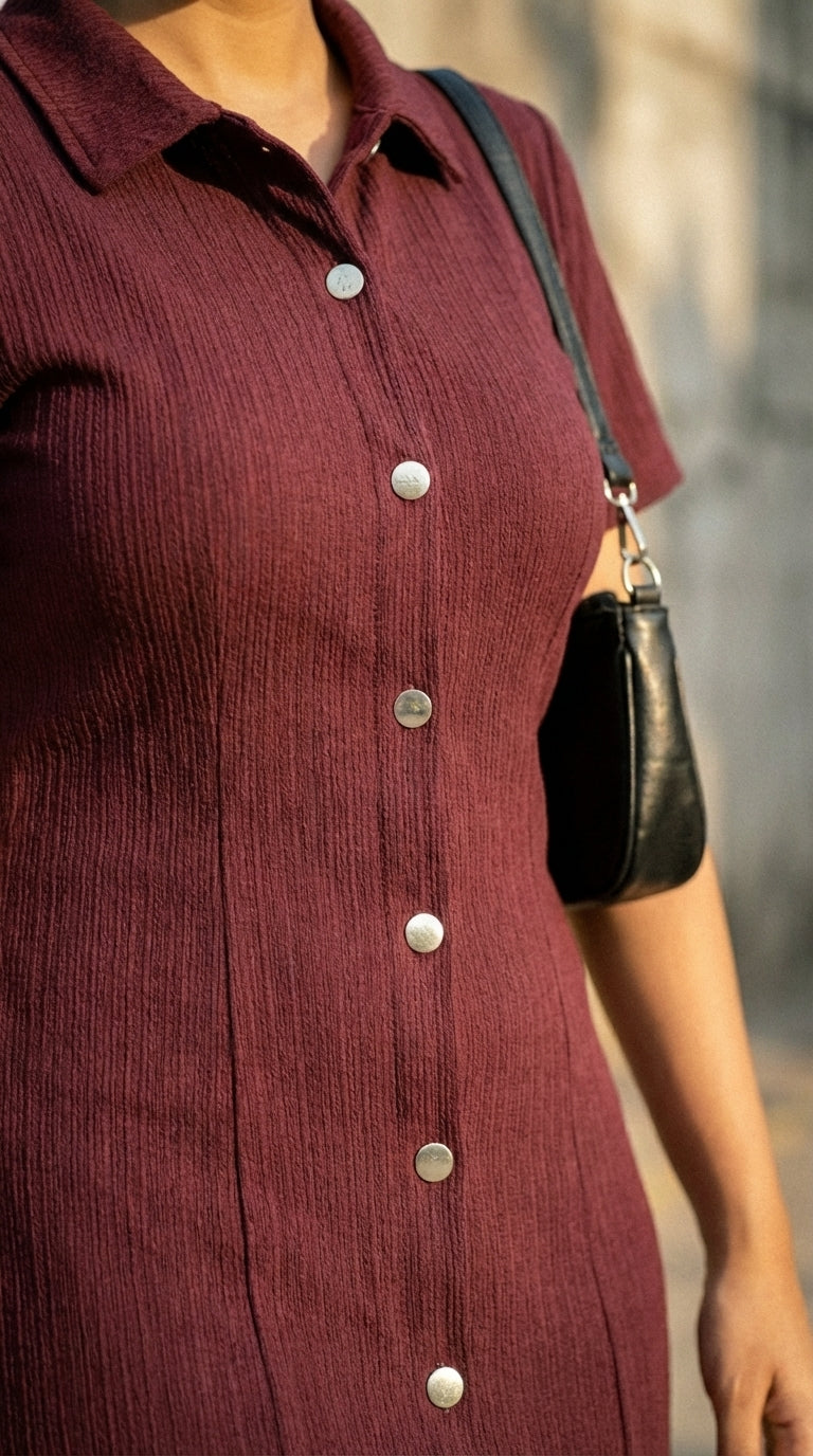BURGUNDY MUSE BUTTON DRESS