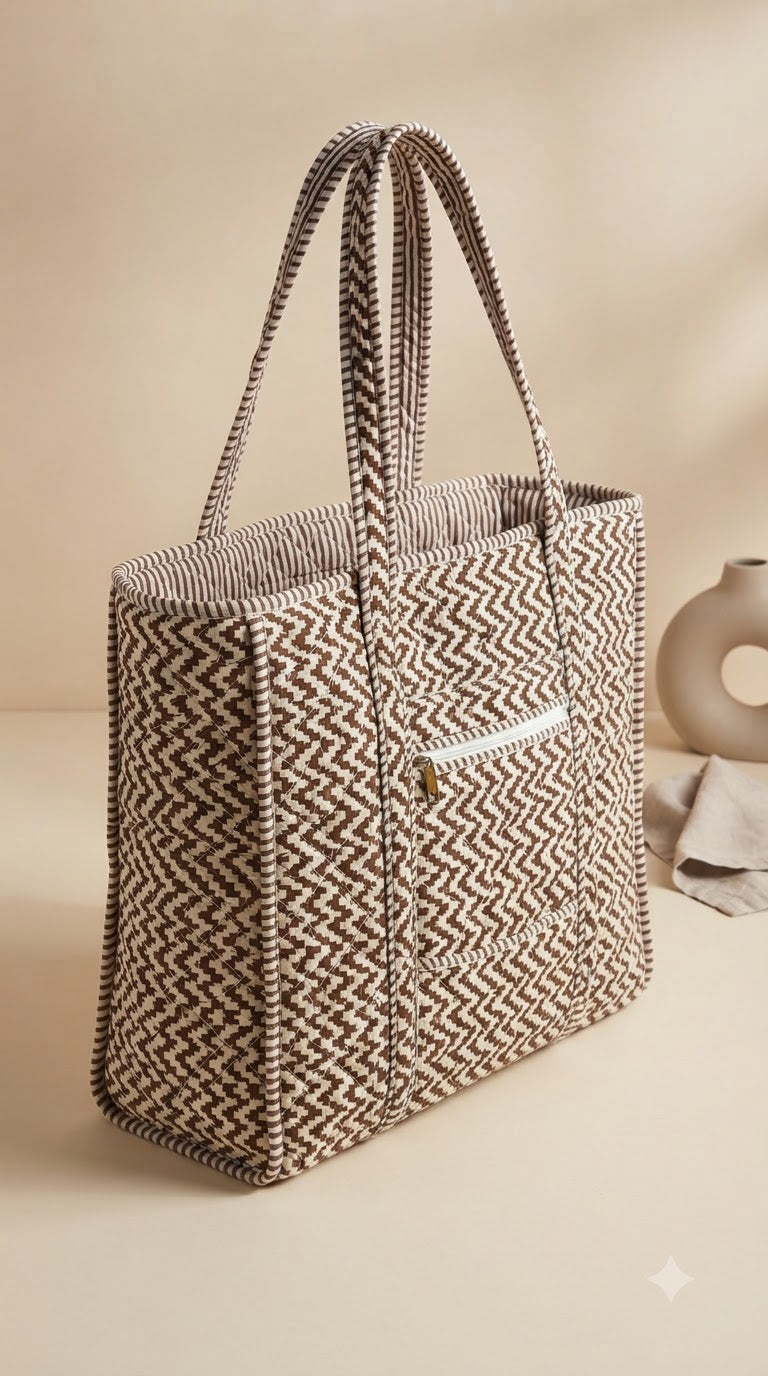 CHOCOLATE CHEVRON QUILTED TOTE BAG